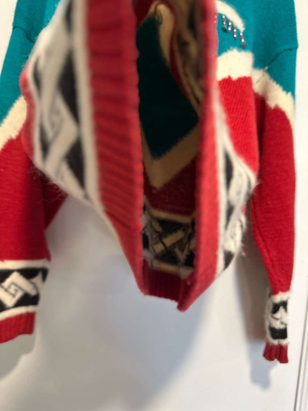 VTG Carole Little Wool/rabbit Blend. Thunderbird Aztec beaded Colorful Sweater. - Picture 9 of 12